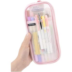 imageEASTHILL Grid Mesh Pen Pencil Case with Zipper Clear Makeup Color Pouch Cosmetics Bag MultiPurpose Travel School Teen Girls Transparent Stationary Bag Office Organizer Box for AdlutsPurplePink
